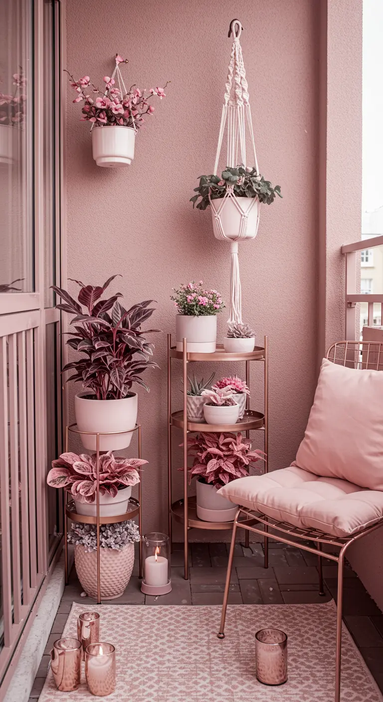 A monochromatic pink balcony with a pink wall, rose gold chair, and pink plants.