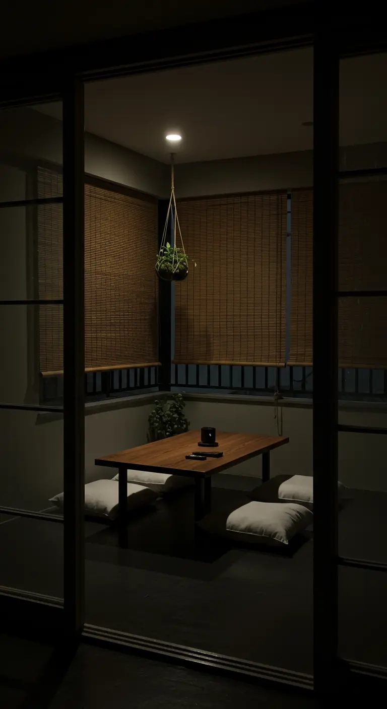 View through glass doors into a dark, minimalist balcony with bamboo shades and a single hanging plant.