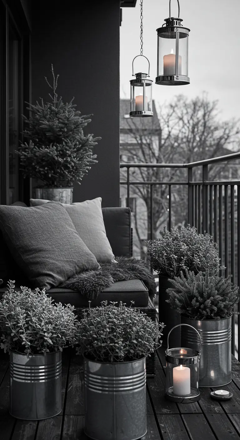 A chic, monochromatic grey balcony with glowing lanterns providing the only warmth.