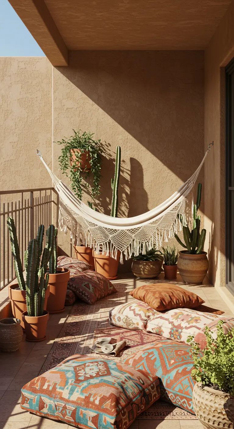 A sunny balcony with a hammock, cacti in terracotta pots, and patterned floor cushions.
