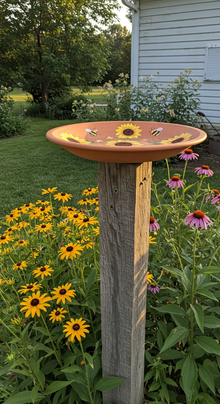 Hand-painted sunflower birdbath on a rustic wood post in a sunny garden.