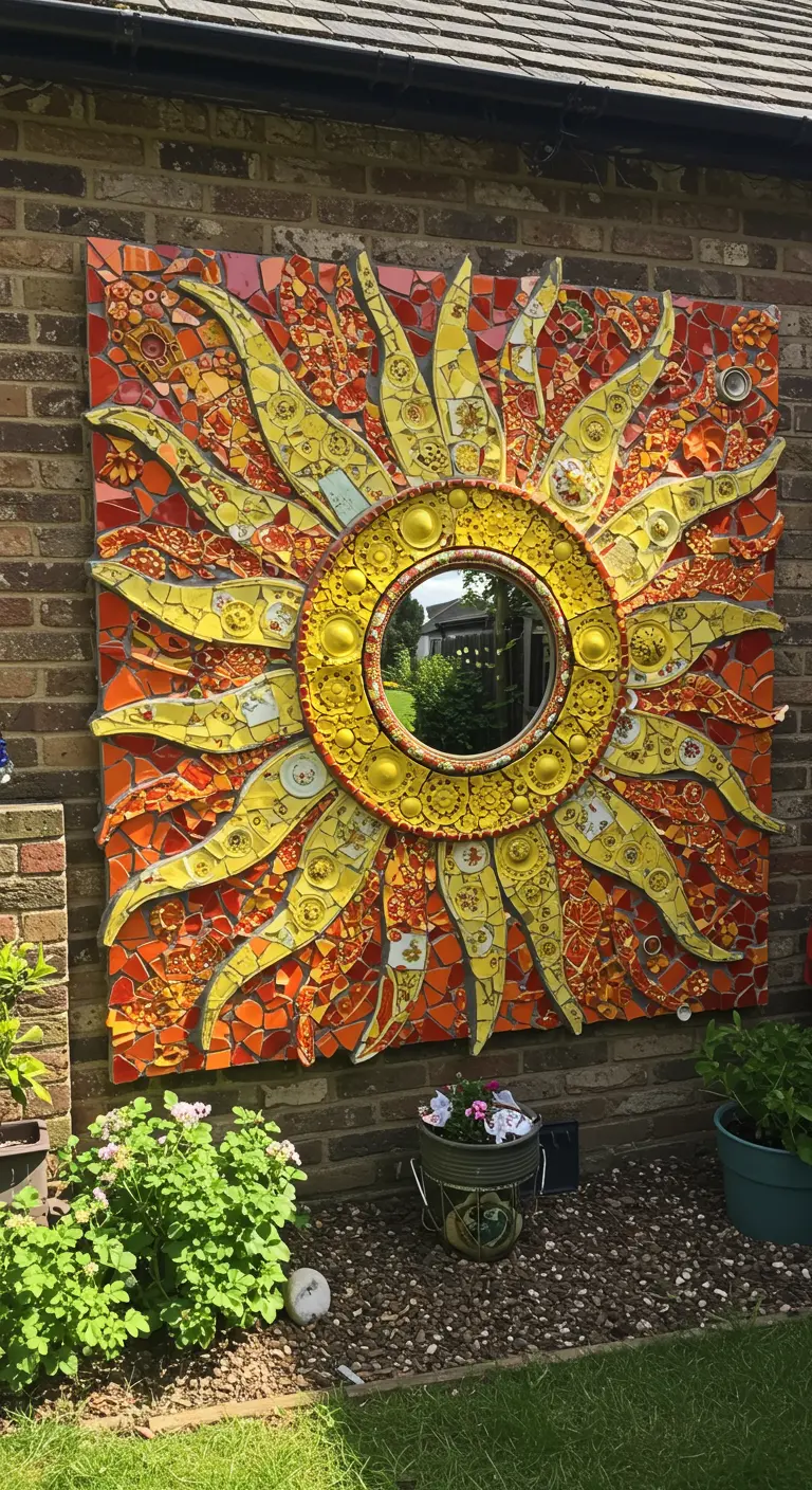 A large, square mosaic of a sun made with yellow and orange tiles on a brick wall.