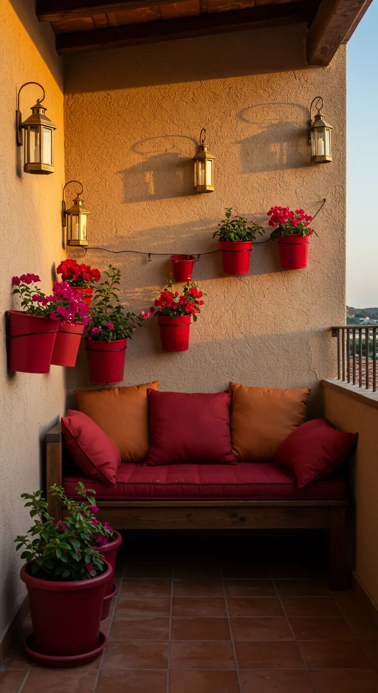 A warm-toned balcony with a wooden bench and a wall adorned with ruby red planters holding pink flowers.