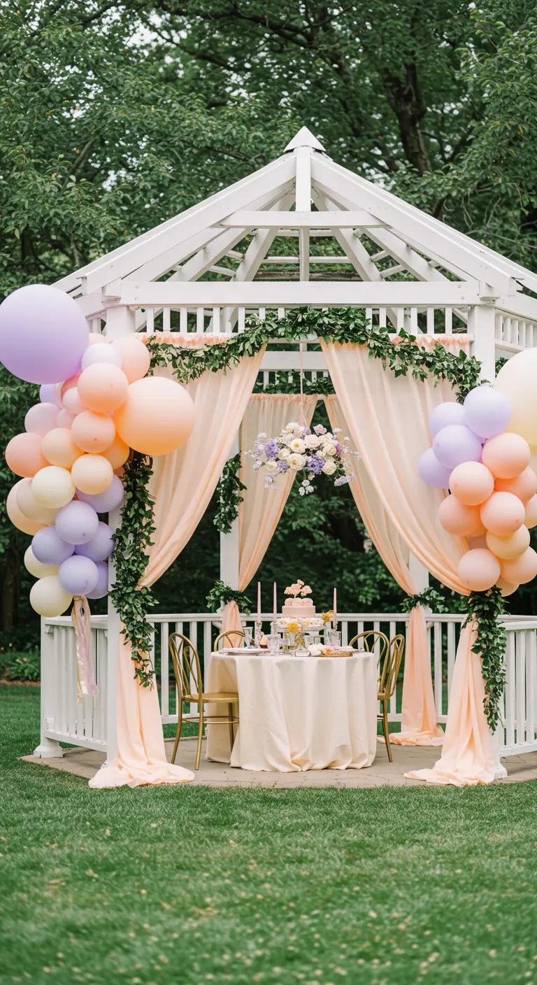 A white gazebo decorated with peach drapes, pastel balloons, and greenery for a party.