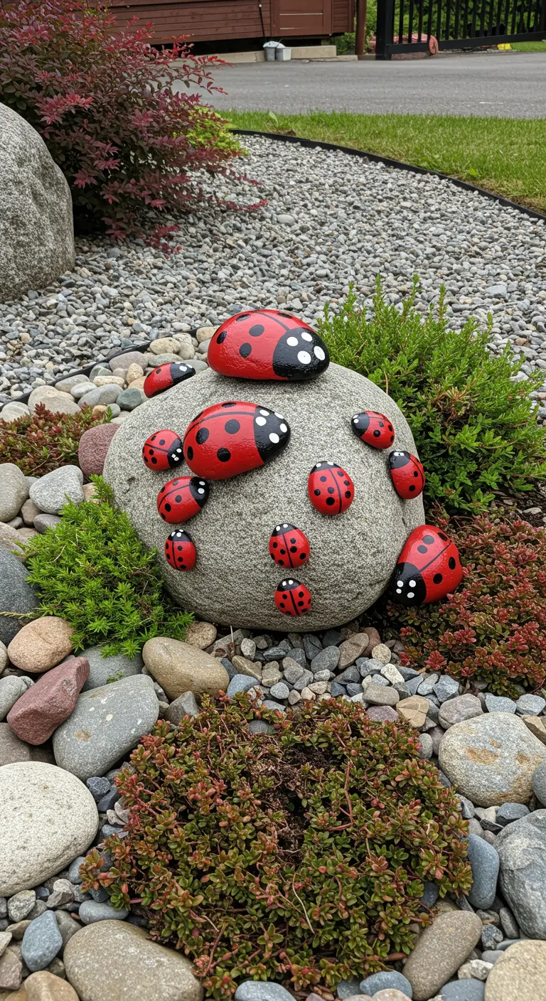 A family of various-sized painted ladybug rocks clustered together on a large grey boulder.