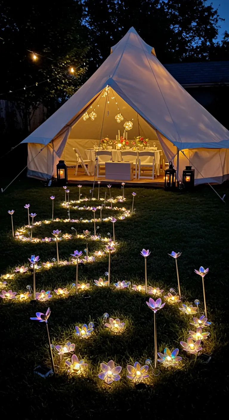 A winding path of glowing purple and white solar flower lights leading to a bell tent.