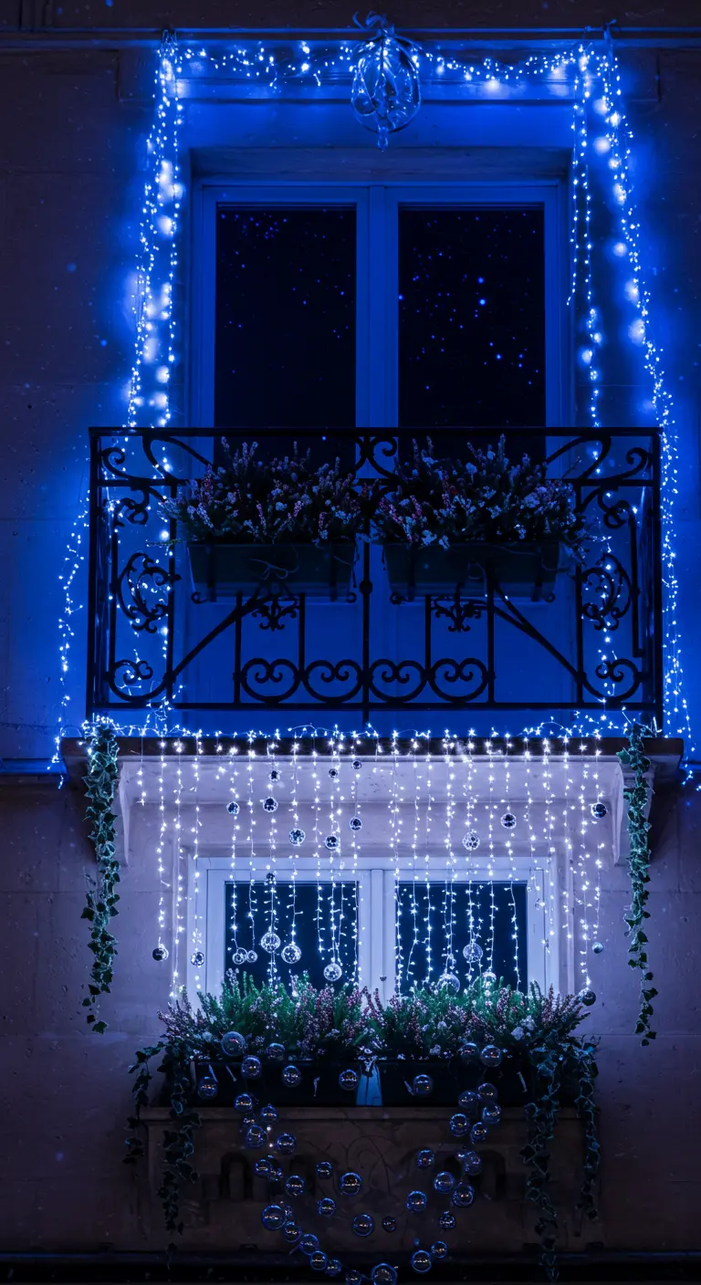 Balcony awash in blue and white string lights with overflowing window boxes.