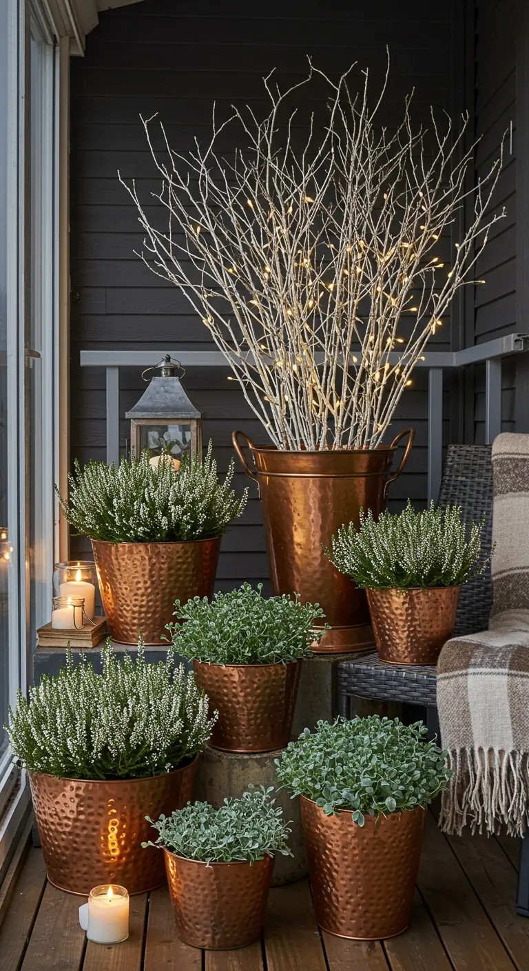 A collection of hammered copper pots with white heather, silvery plants, and lighted branches.