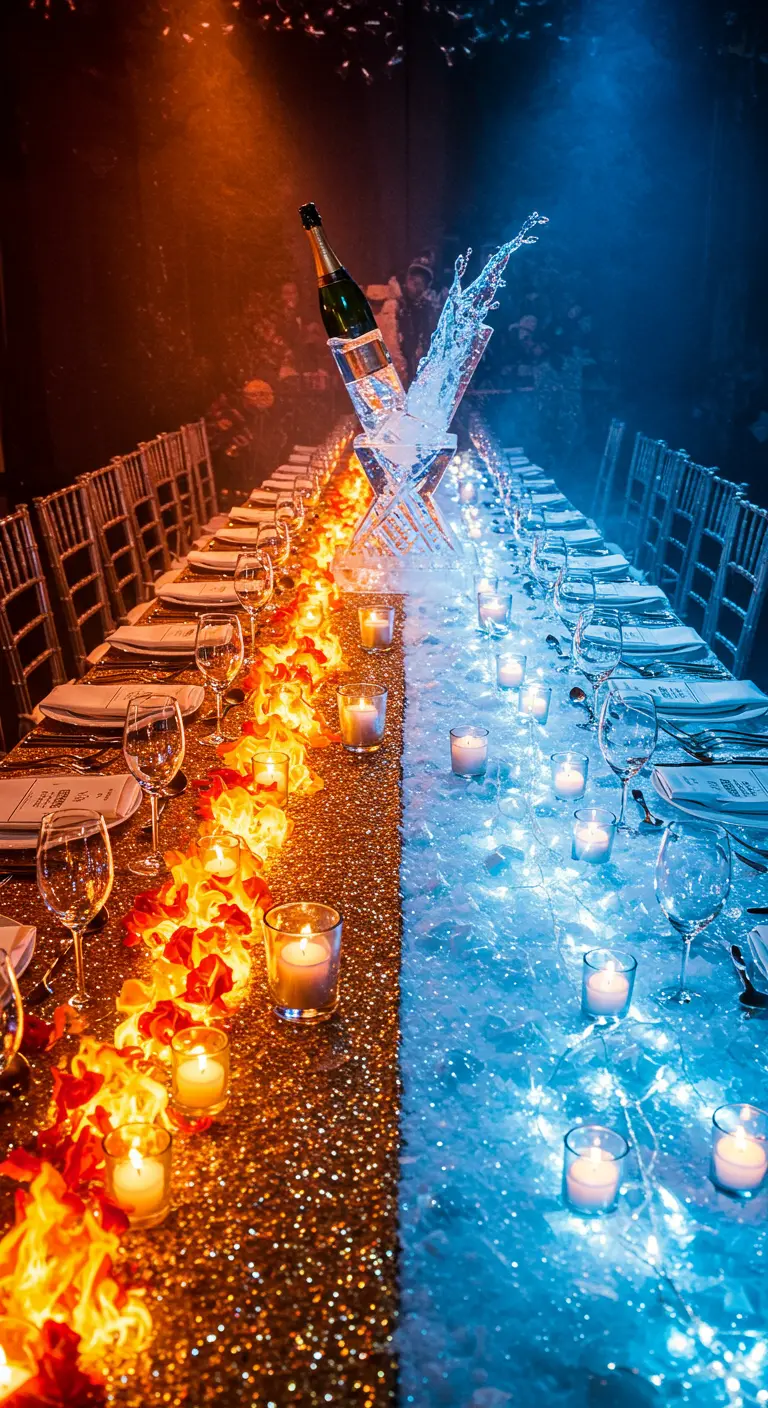 A dramatic table split into two themes: one fiery orange and one icy blue.