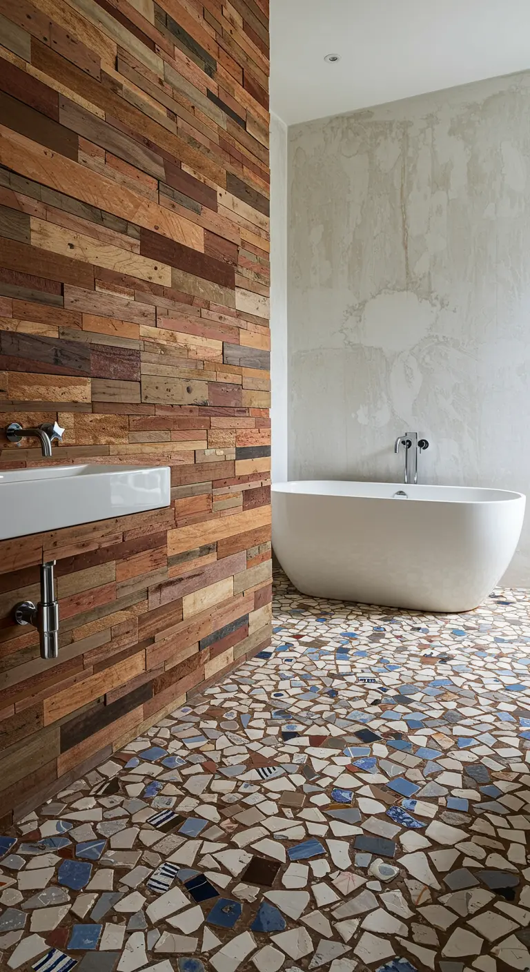 Bathroom with a reclaimed wood wall, concrete wall, and a colorful broken tile mosaic floor.