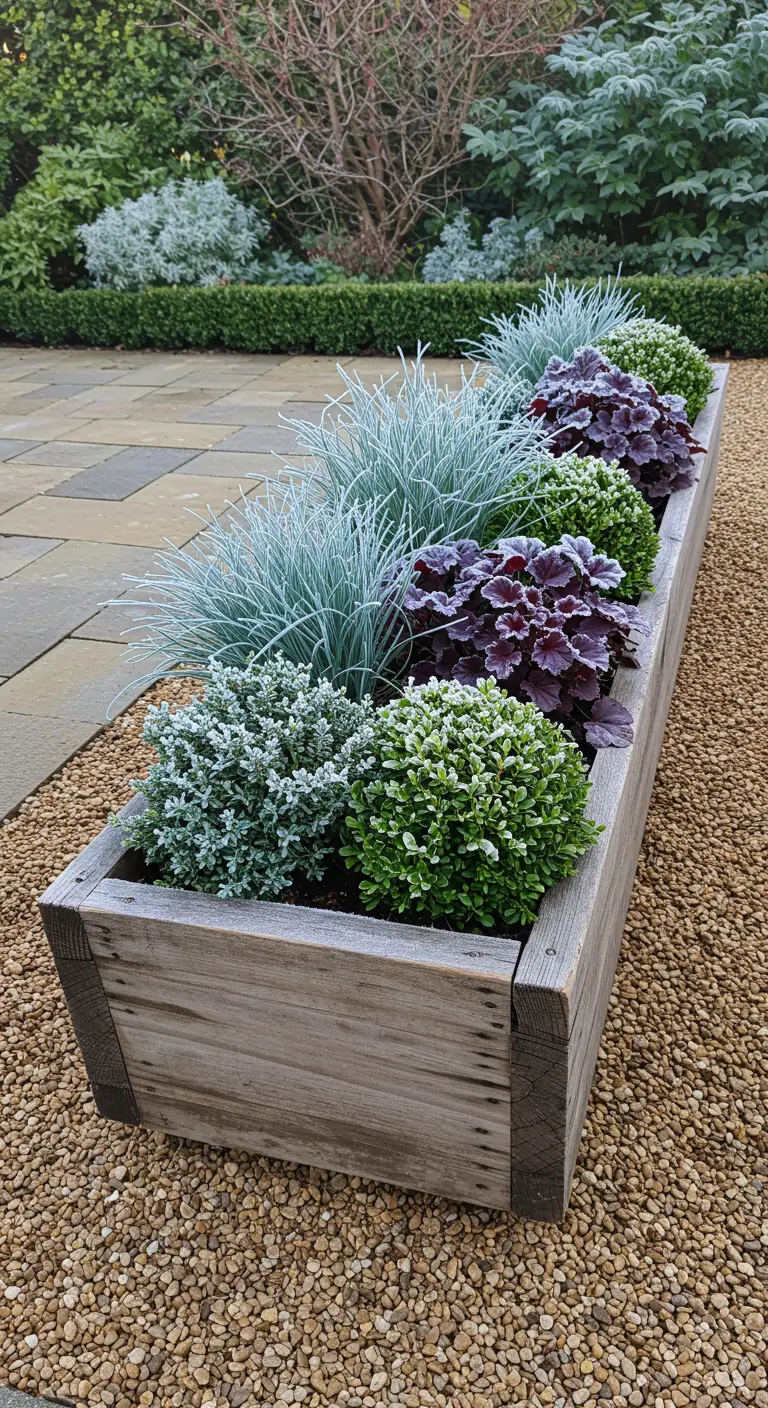 A long weathered wood planter with rows of frosty fescue, purple heuchera, and boxwood.