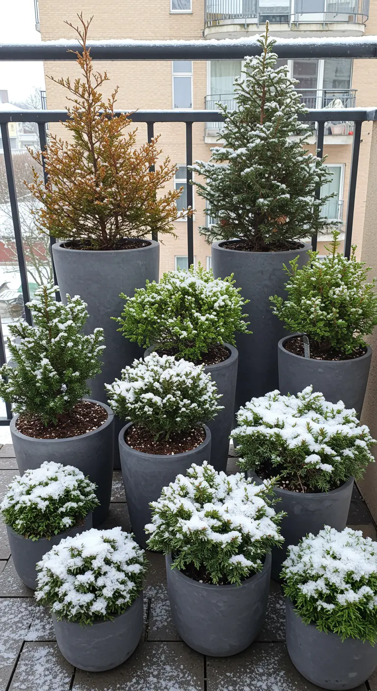 A dense cluster of evergreens in gray pots, showing varied textures and colors.