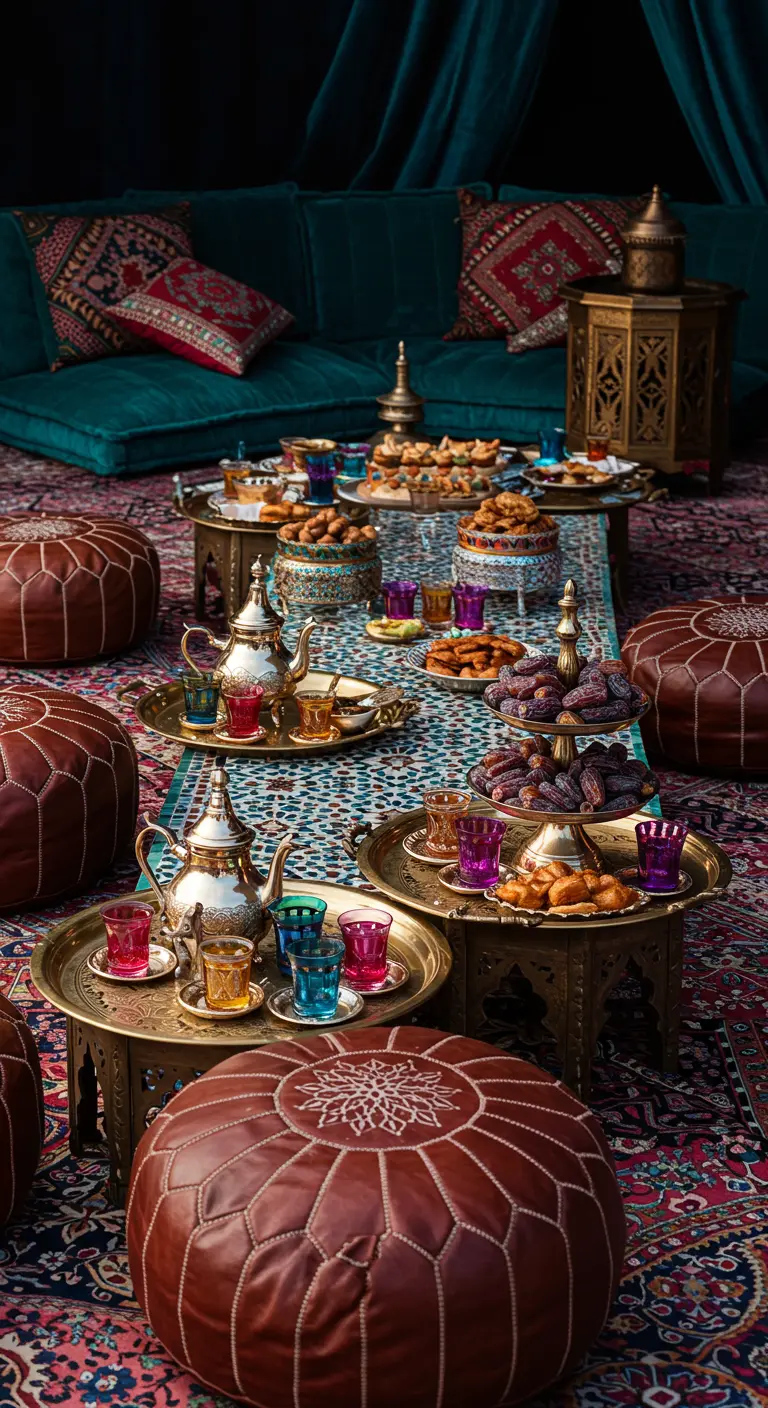 A Moroccan-themed tea party with low seating on poufs, brass trays, and colorful textiles.