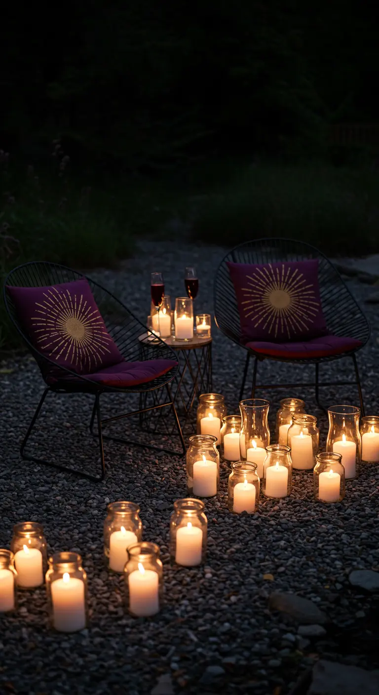 Two wireframe chairs on a dark gravel patio at night, surrounded by a large cluster of glowing candles in jars.