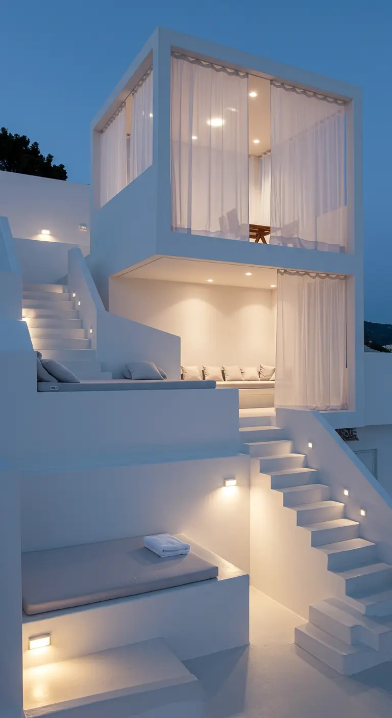 A multi-level white terrace with built-in seating and illuminated stairs at twilight.