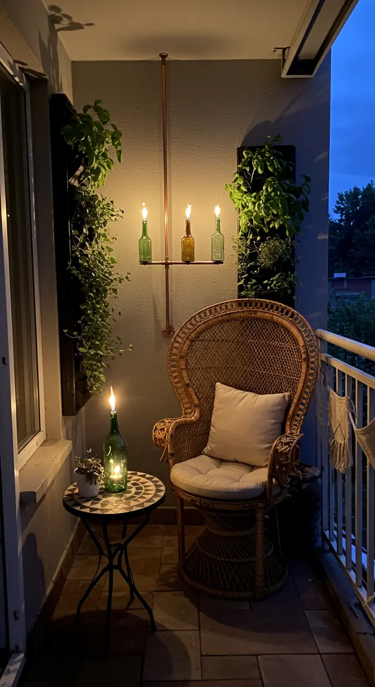 A cozy balcony nook with a peacock chair, vertical gardens, and bottle torch lighting.
