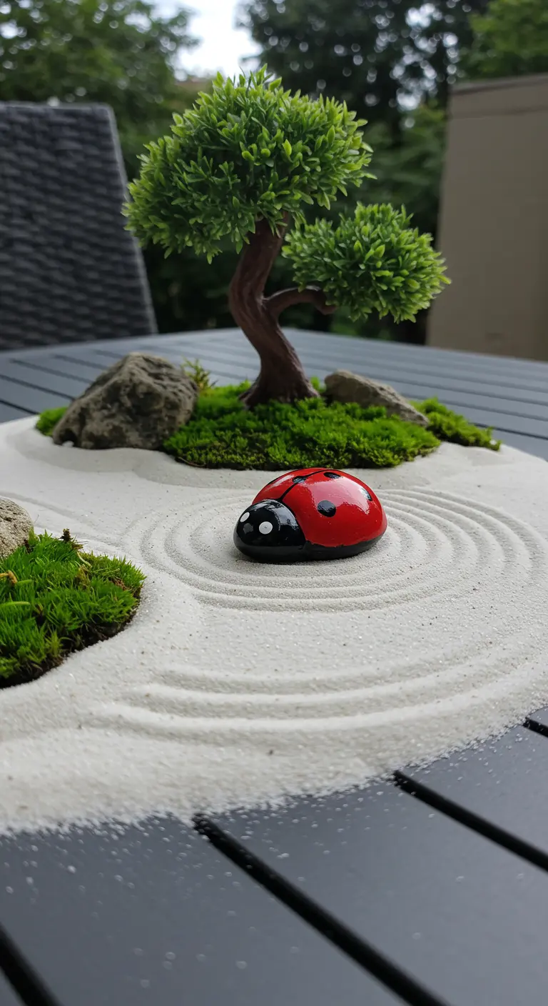 A single, glossy painted ladybug rock sitting in a miniature desktop Zen garden with white sand.