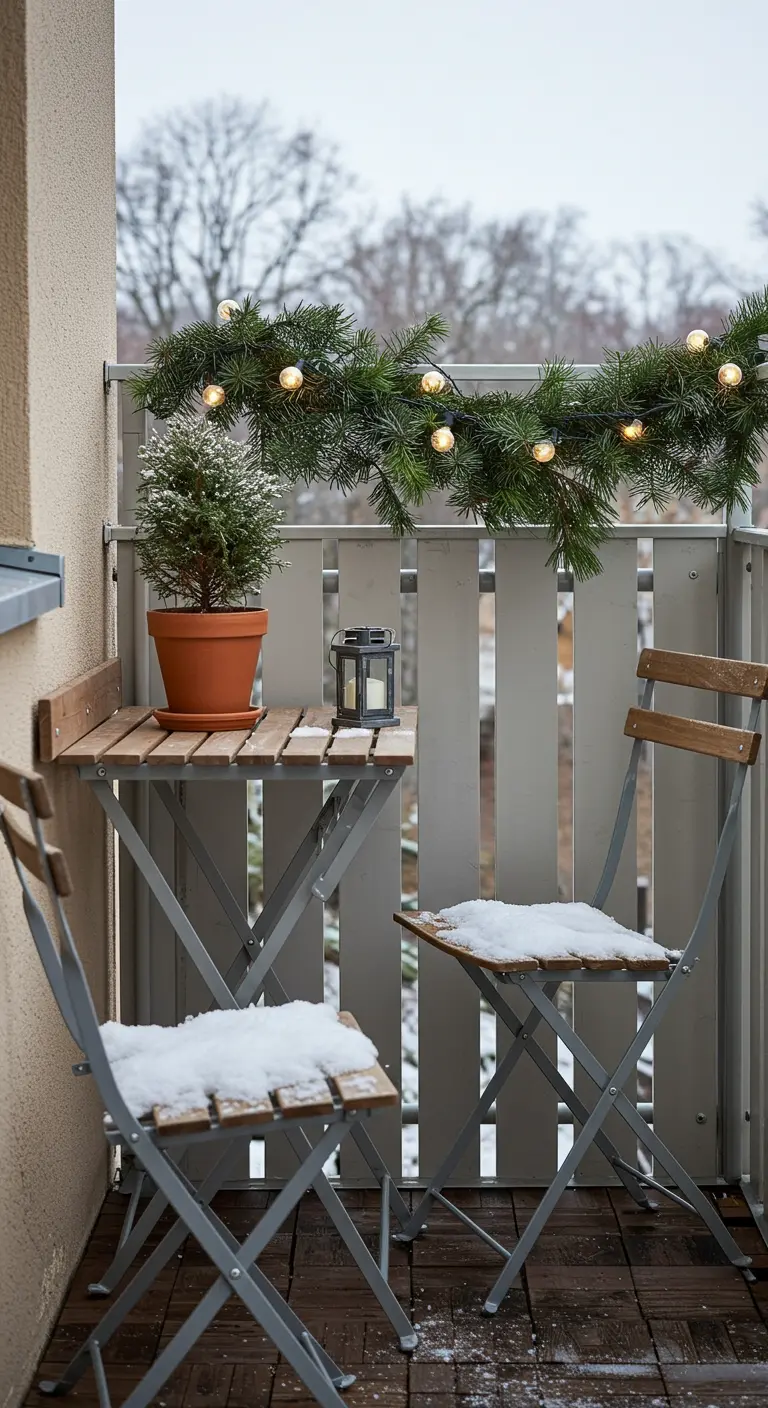 Small folding bistro table and chairs on a balcony with a festive garland.