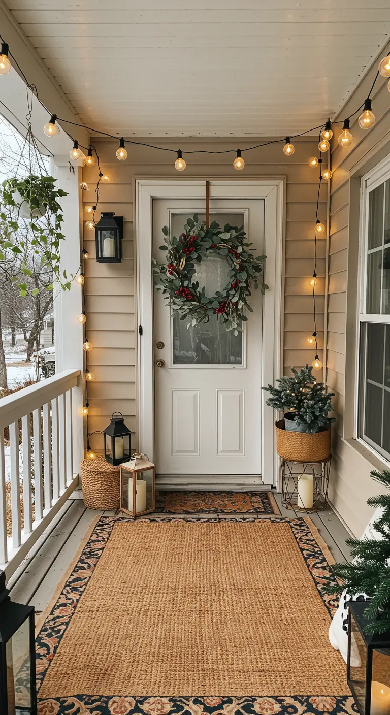 Cozy porch with a large jute rug, lanterns, a wreath with red berries, and globe string lights.