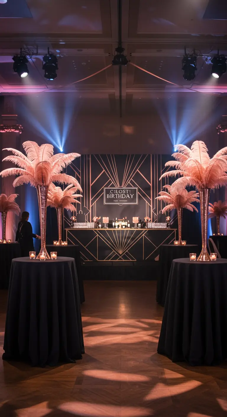 Art Deco-themed party with tall blush ostrich feather centerpieces and a geometric bar backdrop.