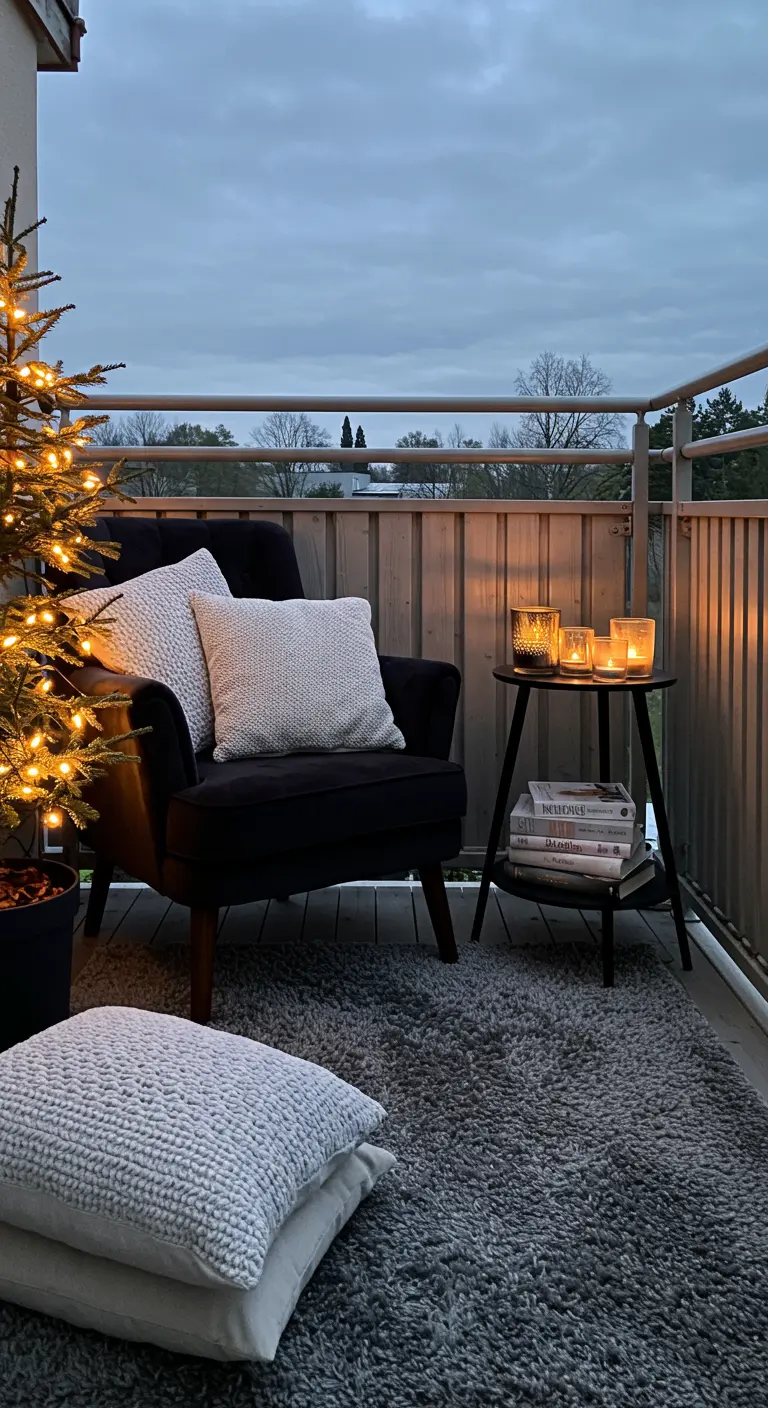 A cozy balcony corner with a black armchair, knit pillows, a small lit Christmas tree, and candles.