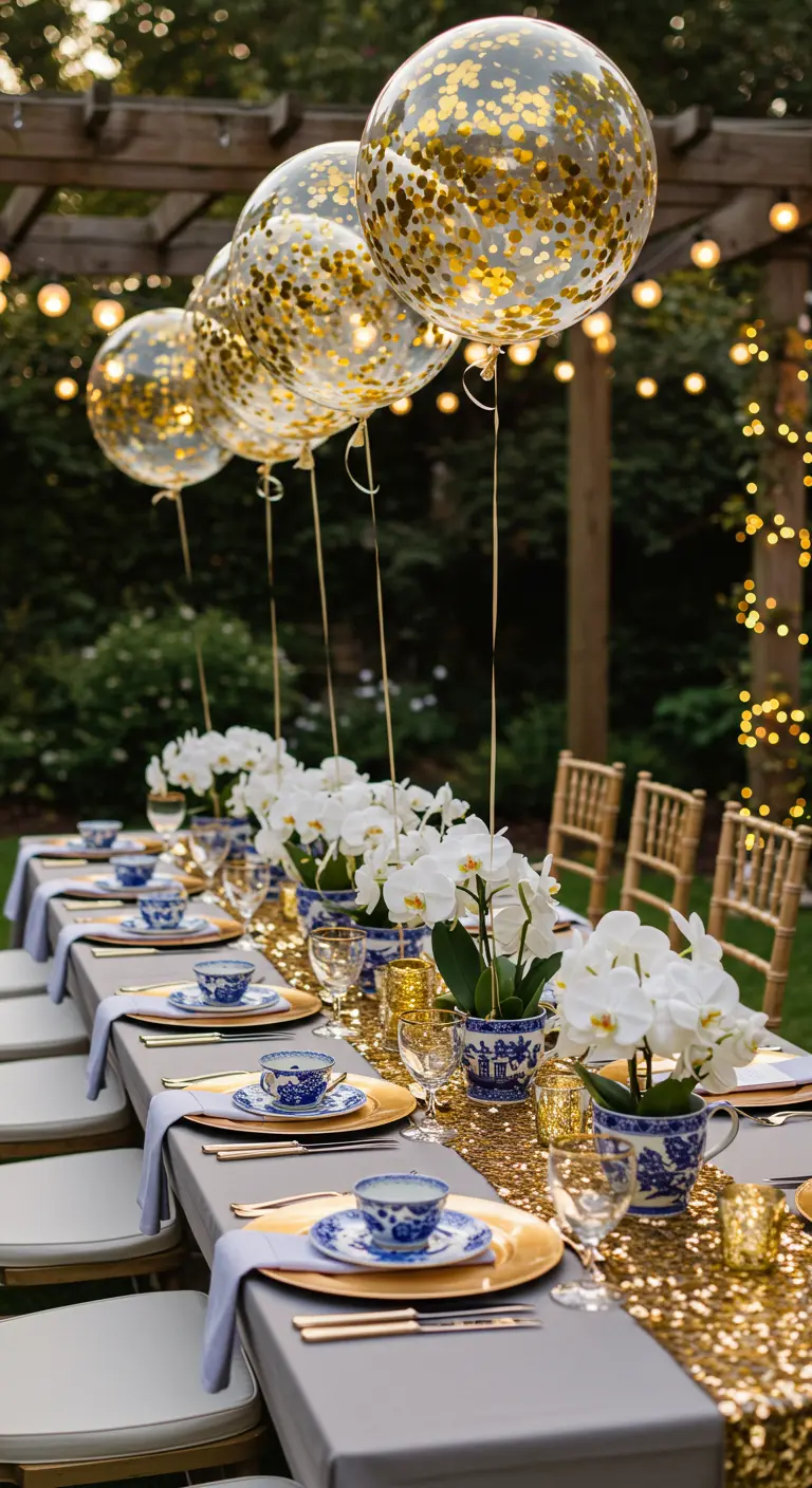 Elegant tea party table with a gold sequin runner and chinoiserie teacups.