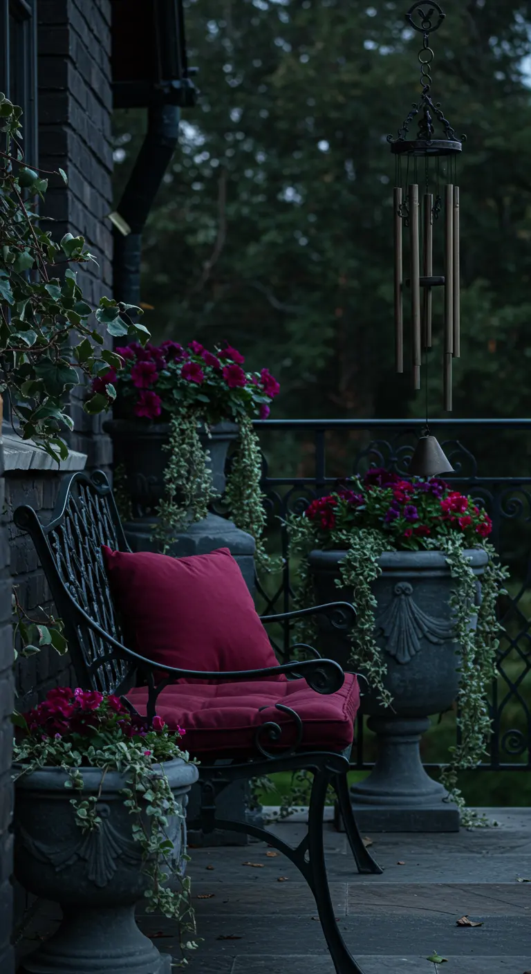A moody balcony with a black wrought iron bench, a deep red cushion, and dark planters.