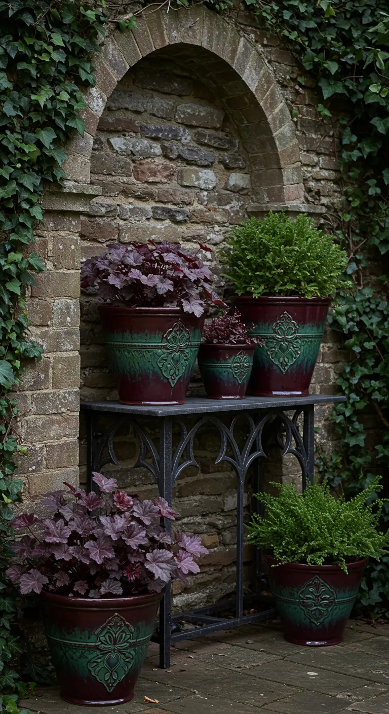 Burgundy and green glazed planters with dark foliage against a stone garden wall.