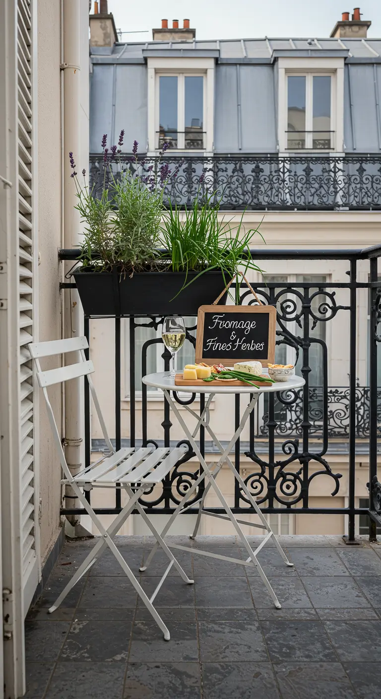A classic Parisian balcony with a railing planter box filled with lavender and herbs.