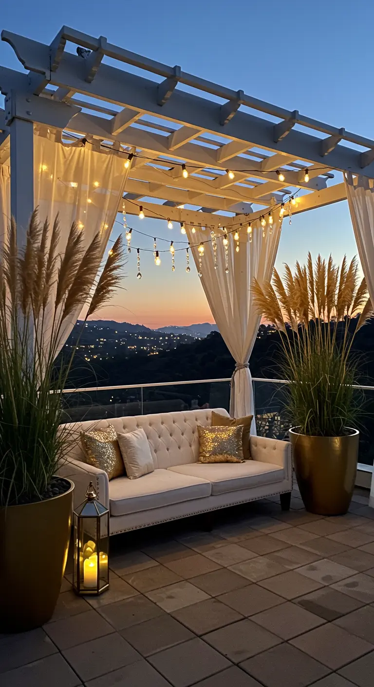 An elegant rooftop terrace at sunset with a white sofa, gold pillows, and pampas grass in gold planters.