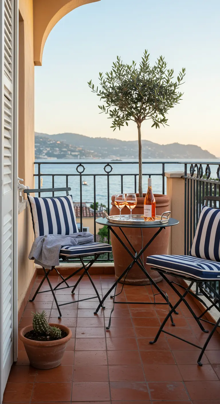 Bistro chairs with blue and white striped cushions on a balcony overlooking the sea.