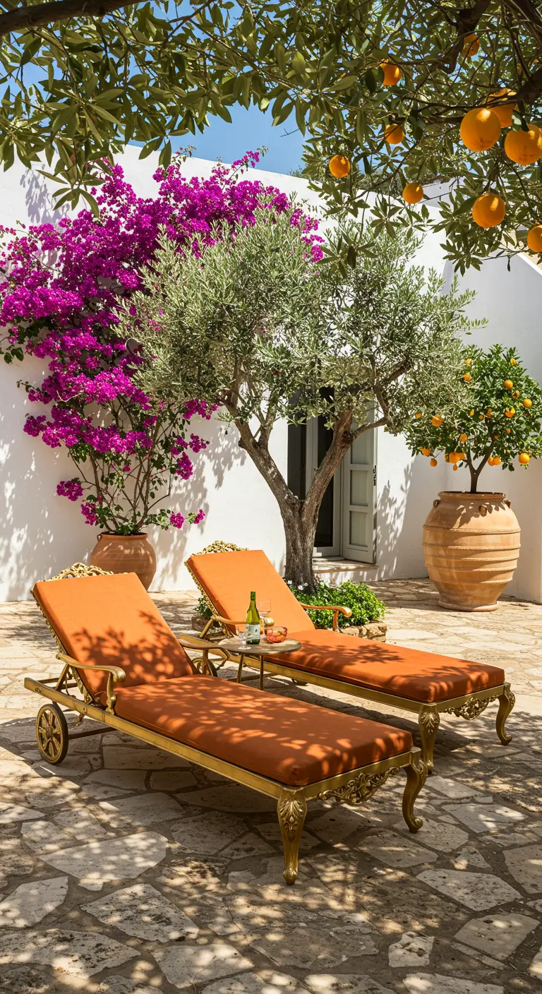 Orange velvet chaises with ornate gold frames in a sunny Mediterranean courtyard.