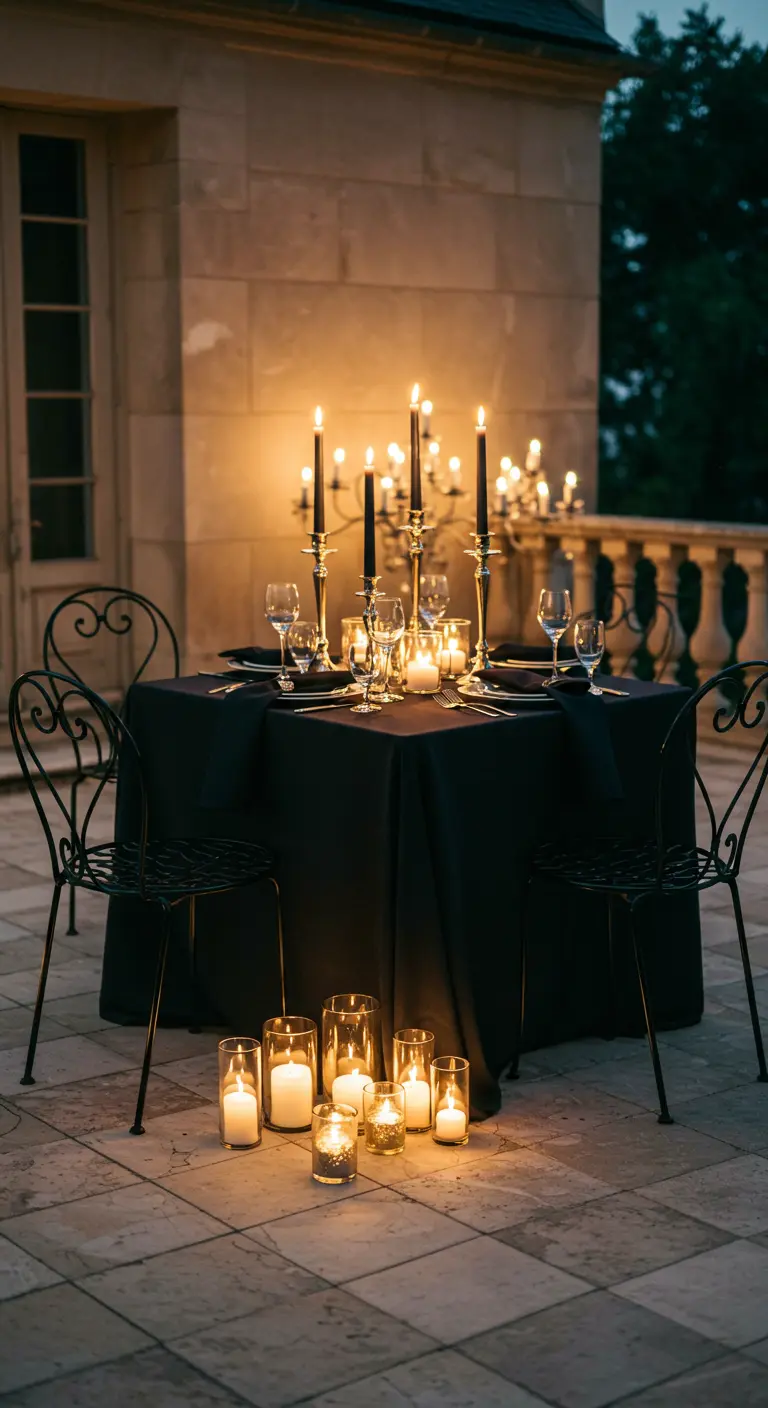 An intimate outdoor dining setting with a black tablecloth, candelabras, and scattered votives on stone paving.