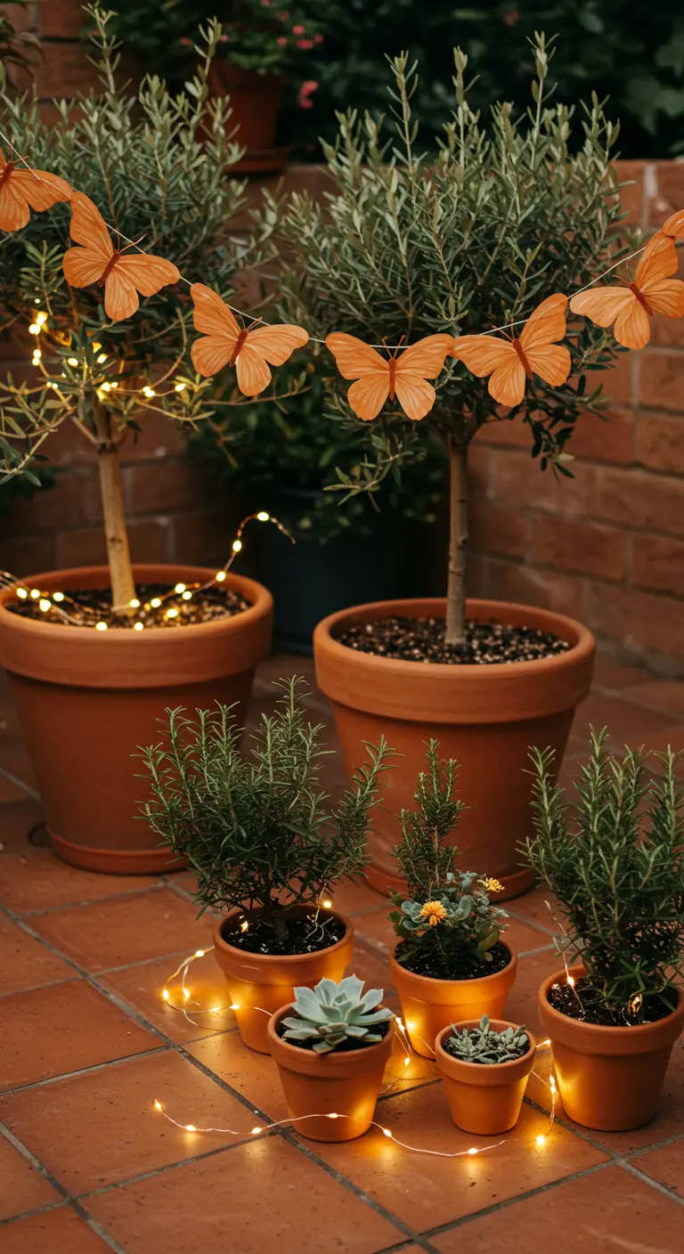 Potted olive trees on a terracotta patio decorated with a butterfly garland and fairy lights.