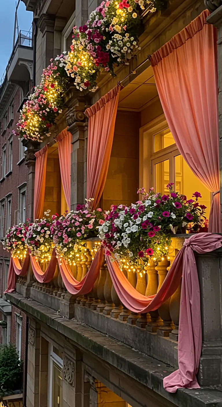 Ornate stone balcony decorated with draped pink velvet fabric and lush flower boxes.
