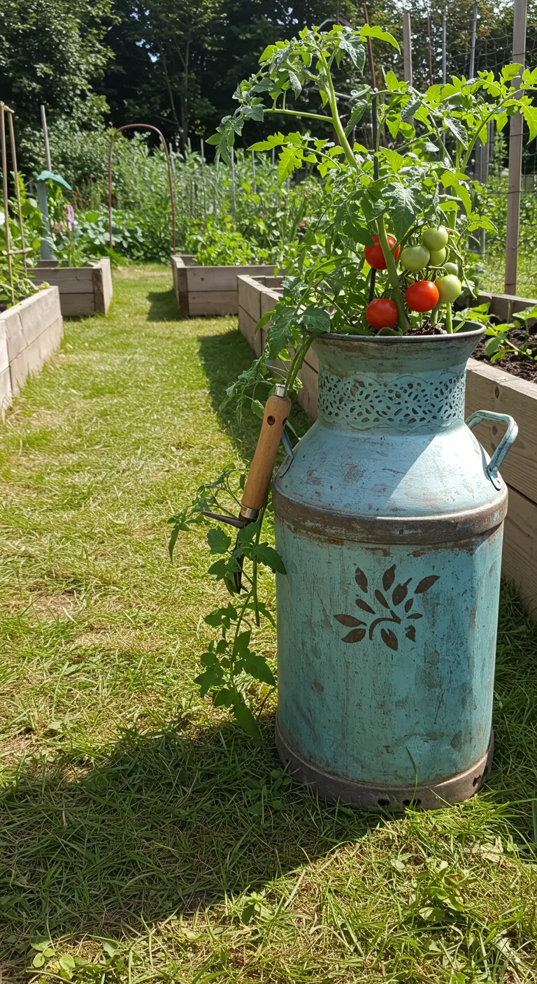 A weathered teal milk can with a dark stencil holds a tomato plant in a vegetable garden.