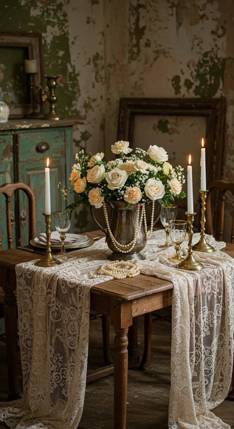 A vintage-inspired tablescape with a lace runner, pearls, and cream roses in a silver pitcher.