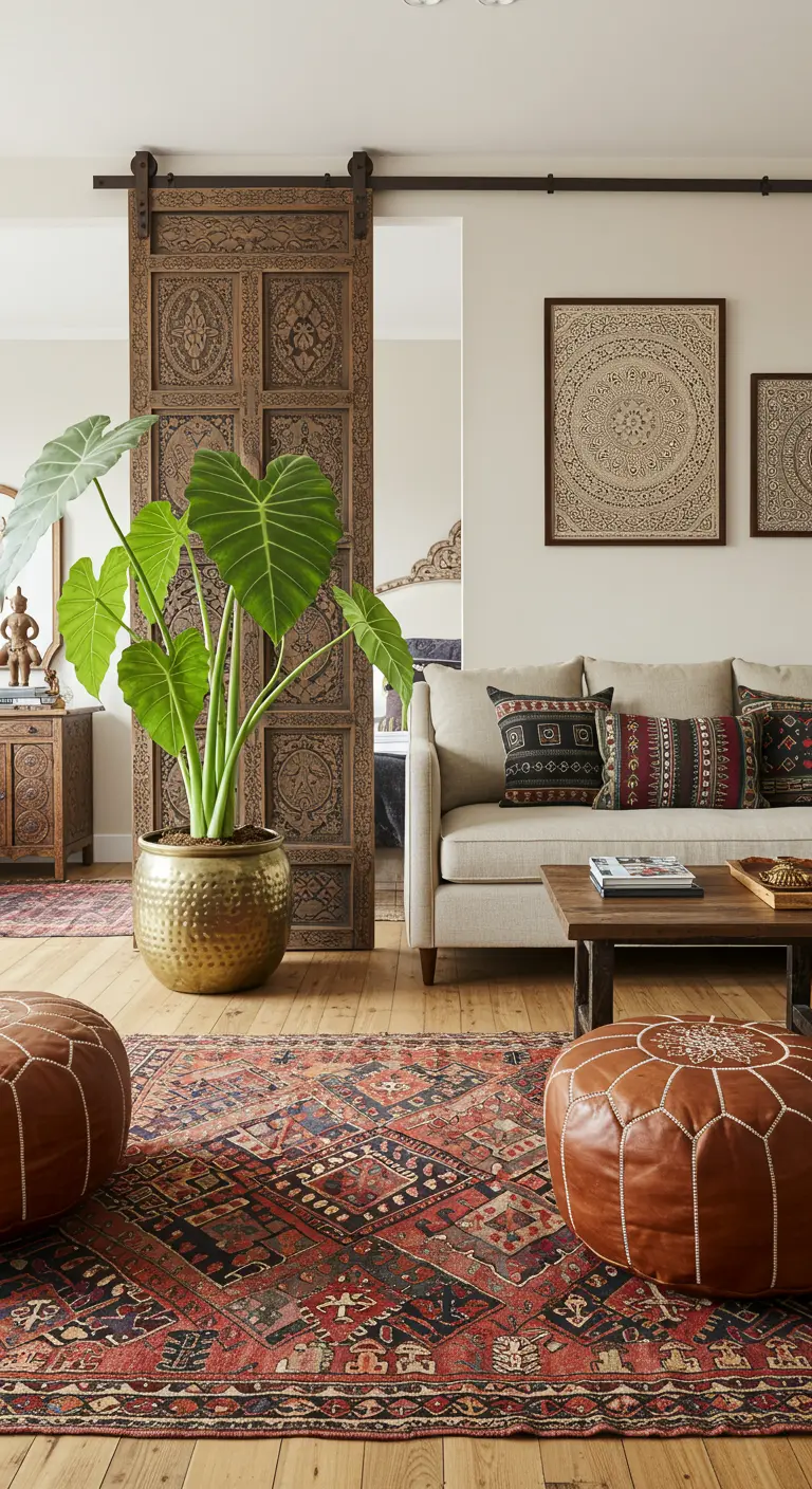 Eclectic living room featuring a heavily carved wooden sliding door and leather poufs.