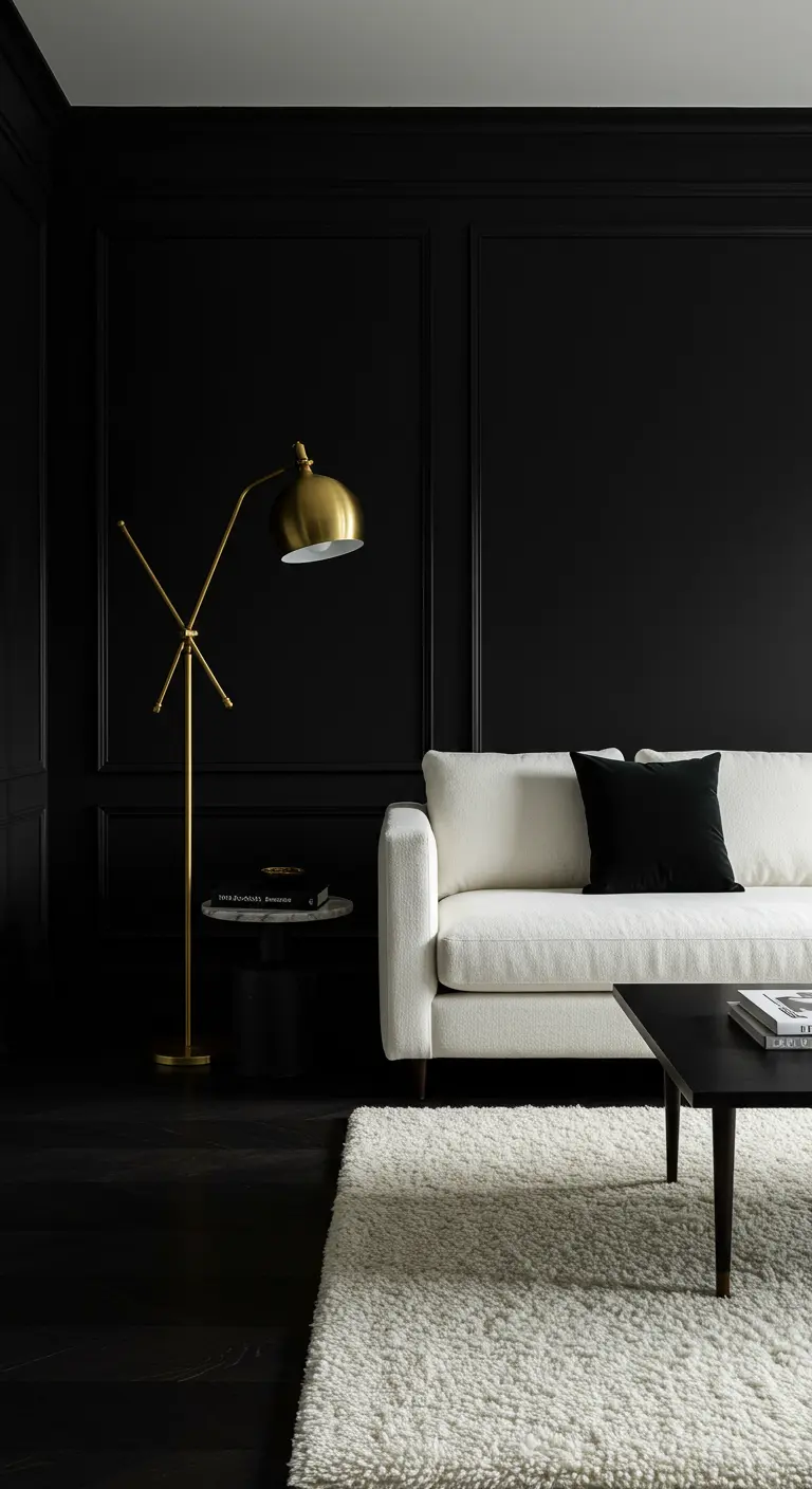 Black-walled living room with a white sofa and a striking brass floor lamp.