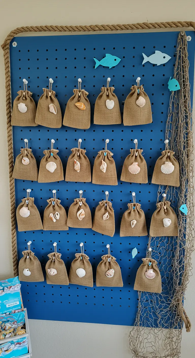 A blue pegboard displaying rows of burlap favor bags, each decorated with a single seashell.