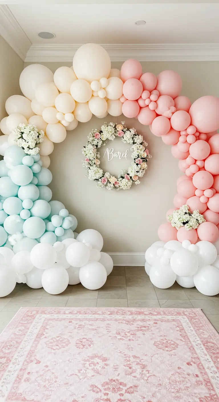 A three-part balloon arch in blue, white, and pink, with a central floral wreath.