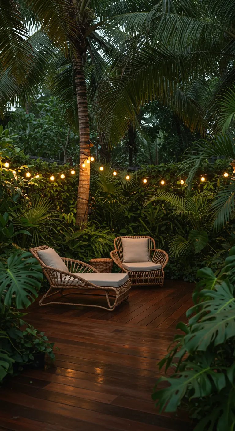Rattan lounge chairs on a wooden deck surrounded by lush greenery and lit by string lights.