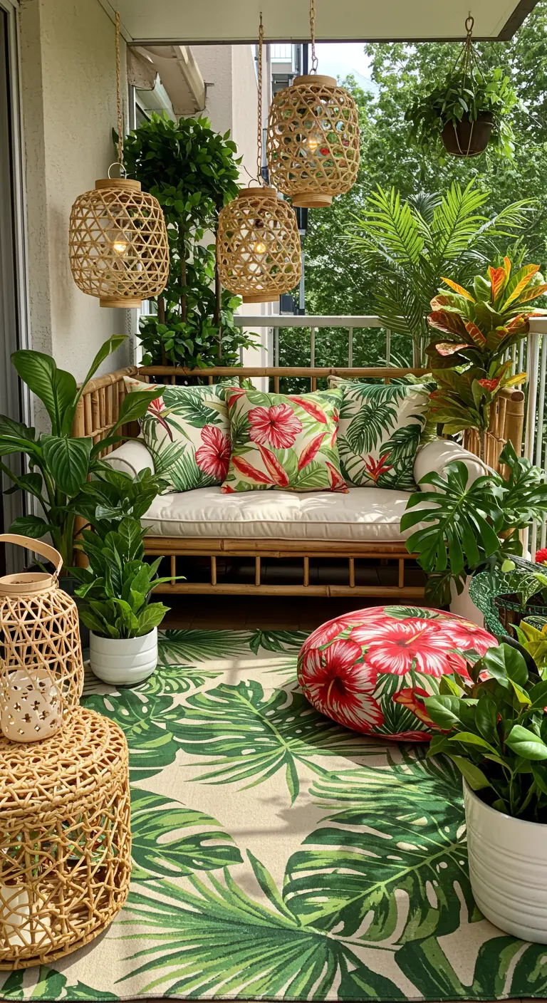 A tropical-themed balcony with a palm-leaf rug, bamboo furniture, and rattan lanterns.