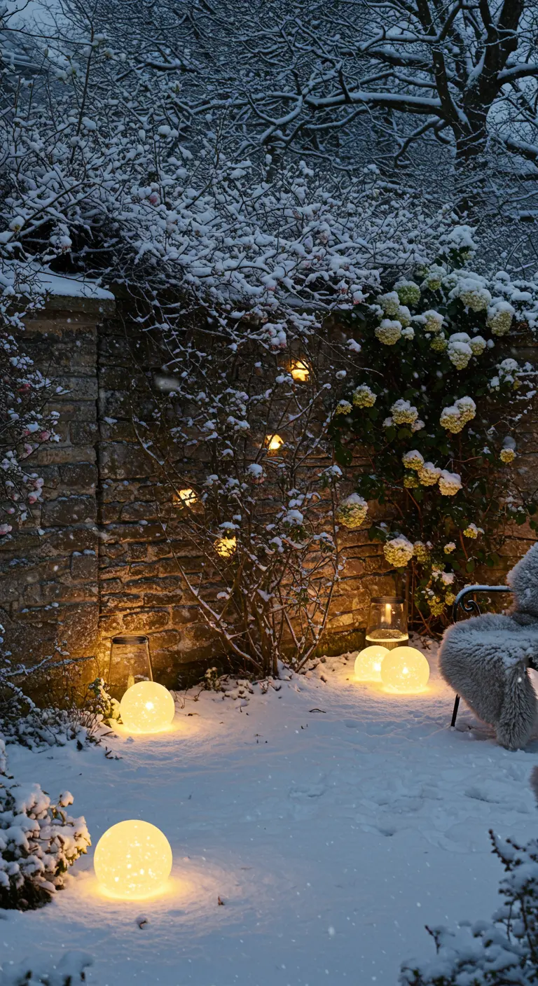 Glowing orbs of different sizes scattered in the snow by a stone wall.
