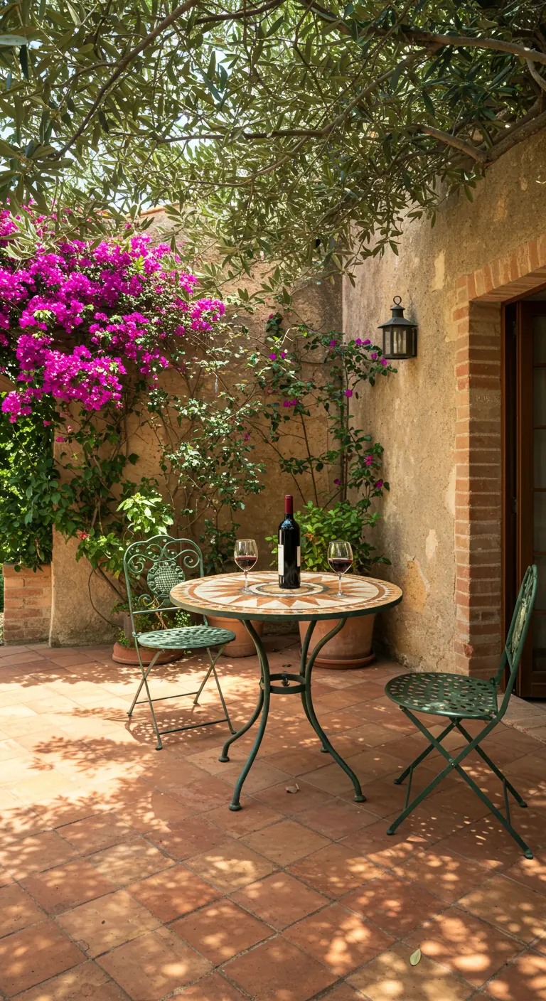 Green bistro set with mosaic table under an olive tree and bougainvillea on a terracotta patio.