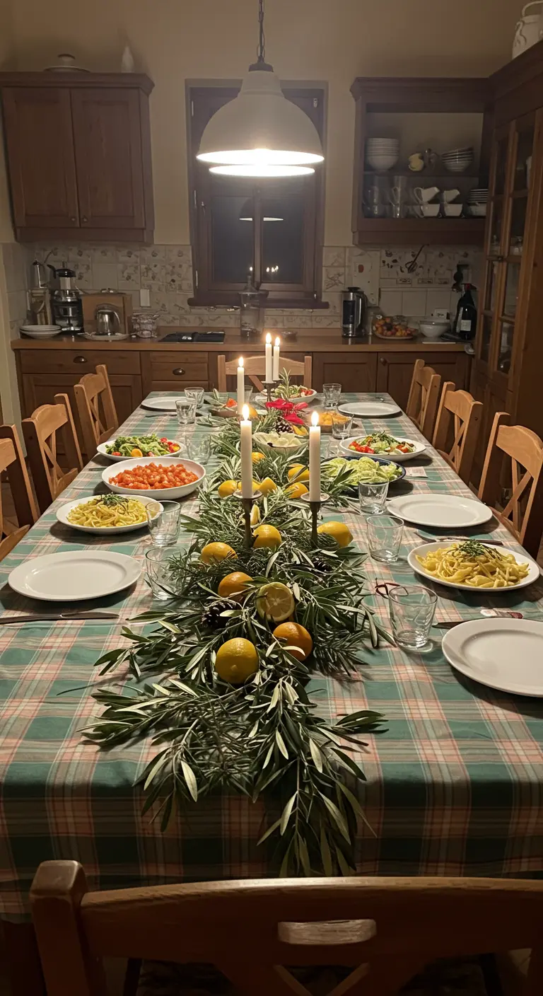 Christmas table with a green plaid tablecloth and a garland of olive branches, lemons, and oranges.