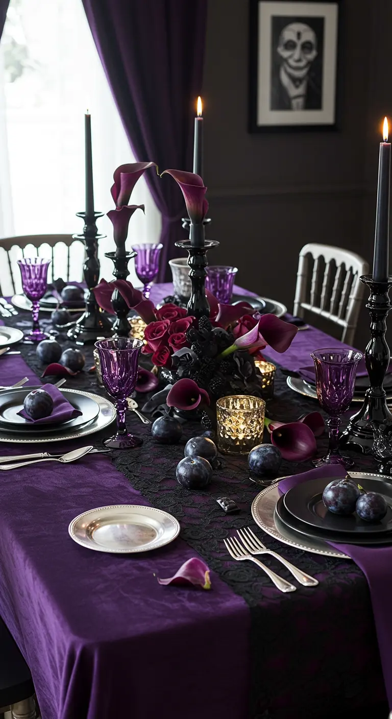 A lavish Halloween table with a purple velvet cloth, black plums, and purple calla lilies.