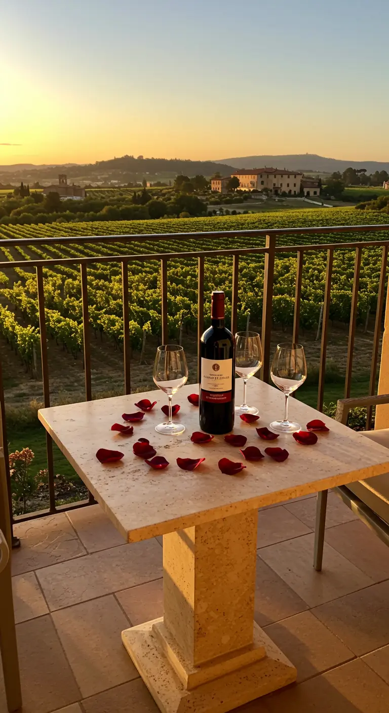 A travertine table on a balcony overlooking vineyards at sunset, set with wine.
