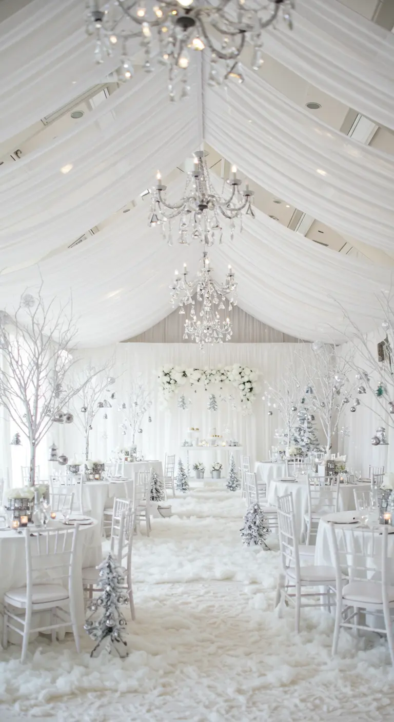 A magical all-white room with faux snow on the floor, white trees, and silver ornaments.