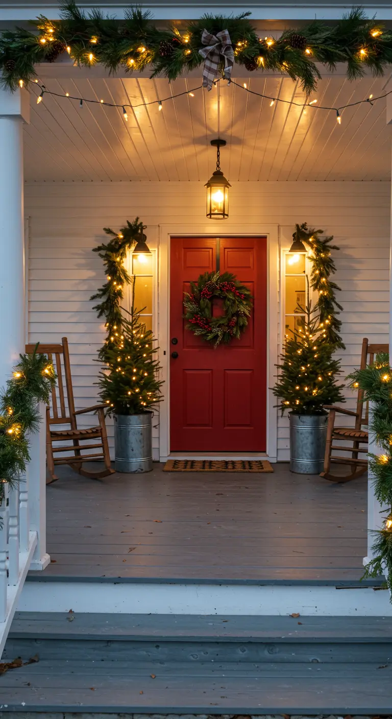 Symmetrical winter porch with a red door, two lit Christmas trees in buckets, and a garland.